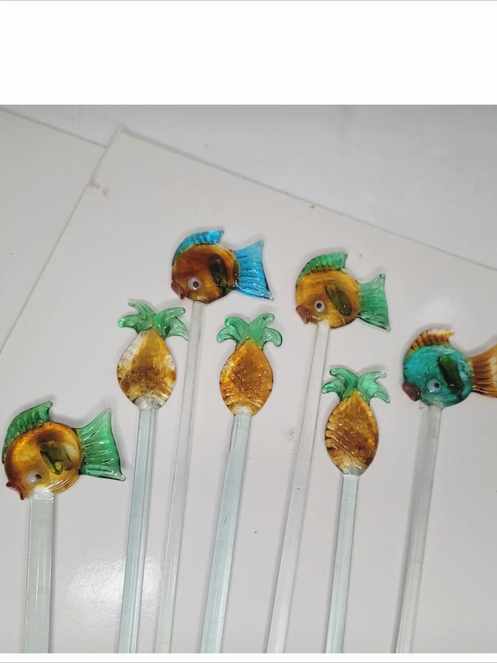 Vintage Tropical Handblown Glass Fish & Pinapple Cocktail Swizzle Stirrers